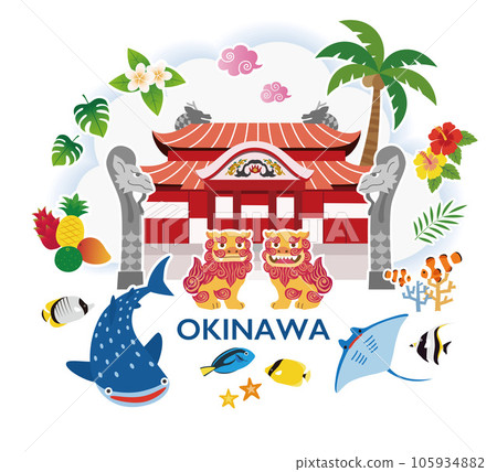 Okinawa image illustration, Shuri Castle, Shisa, whale shark, coral, hibiscus, tropical fruits 105934882