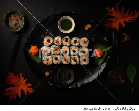 Top view of delicious sushi rolls on black table, Japanese food. Generative AI 105936262