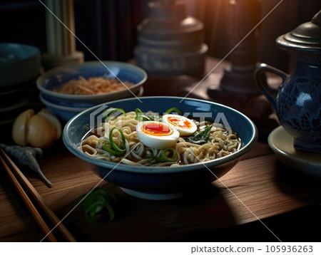 Hot delicious Japanese ramen noodles with egg. Generative AI 105936263