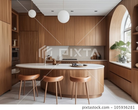 Contemporary wooden dining room and kitchen. Generative AI 105936281