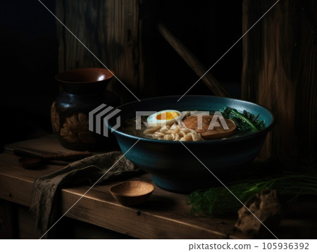 Hot delicious Japanese ramen noodles with egg. Generative AI 105936392
