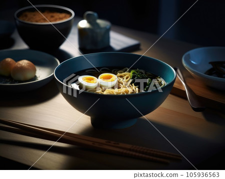 Hot delicious Japanese ramen noodles with egg. Generative AI 105936563