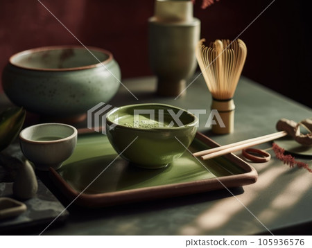 Organic matcha green tea ceremony on table. Generative AI Organic matcha green tea ceremony on table. Generative AI 105936576