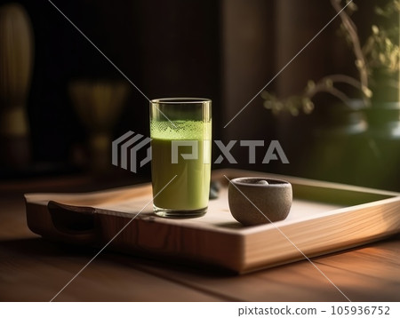 Matcha in glass on wooden tray, Japanese drinks. Generative AI 105936752