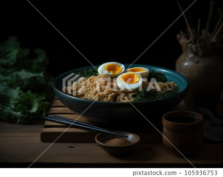 Hot delicious Japanese ramen noodles with egg. Generative AI 105936753