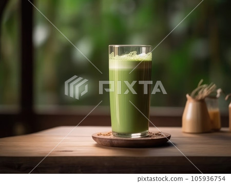 Matcha in glass on wooden tray, Japanese drinks. Generative AI 105936754