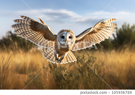 Image of an barn owl is spreading its wings and flying in the meadow. Bird. Wildlife Animals. Illustration, Generative AI. Image of an barn owl is spreading its wings and flying in the meadow. Bird. Wildlife Animals. Illustration, Generative AI. 105936789