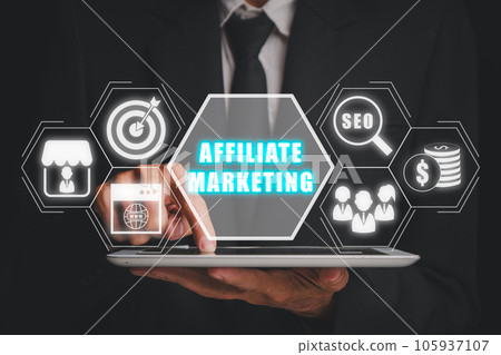 Affiliate marketing concept, Businessman working on tablet computer with affiliate marketing icon on virtual screen, Digital Marketing content planning advertising strategy. 105937107