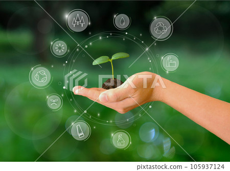 Environmental protection icons: hand holding a sapling, recycling, biomass power generation, thinning, use of domestic wood Environmental protection icons: hand holding a sapling, recycling, biomass power generation, thinning, use of domestic wood 105937124
