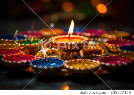 Happy Diwali. Clay Diya lamps during Diwali celebration, Hindu festival of lights celebration. 105937309