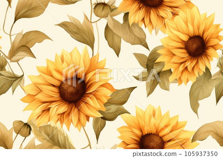 Watercolor retro sunflowers background, seamless pattern 105937350