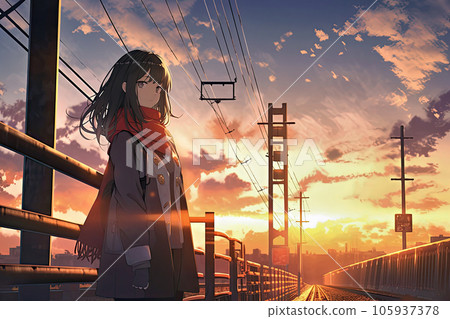 等待火車的女孩和美麗的夕陽天空 等待火車的女孩和美麗的夕陽天空 105937378