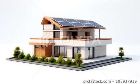 miniature house model with solar panel on roof on white background. generative AI 105937919