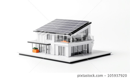 miniature house model with solar panel on roof on white background. generative AI 105937920