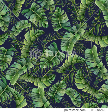 Dark blue tropical leaves watercolor seamless pattern with green jungle plants, date palm tree, monstera and banana leaves for prints, fabric or wallpapers 105938263