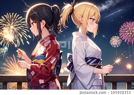 Two women in yukata smiling against the background of fireworks "AI-generated image" Two women in yukata smiling against the background of fireworks "AI-generated image" 105938353