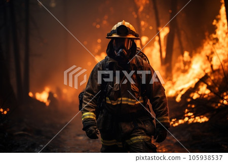 Brave fire fighter fighting with wildfire background. Brave fire fighter fighting with wildfire background. 105938537