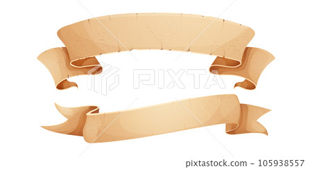Parchment paper scroll ribbon, old vintage banner game ui element in cartoon style isolated on white background. 105938557