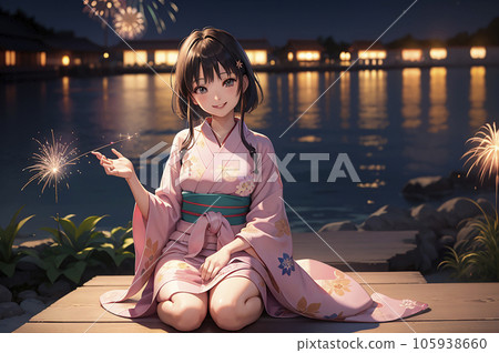 穿著浴衣的女人微笑著邀請你，“我們放煙花吧！”“人工智能生成的圖像” 105938660