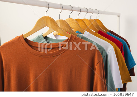 Multi coloured t shirts on hangers hanging from clothes rail and copy space on white background Multi coloured t shirts on hangers hanging from clothes rail and copy space on white background 105939647