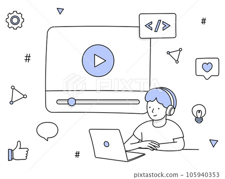 Hand-drawn line art | A young man wearing headphones and watching video distribution on a computer 105940353