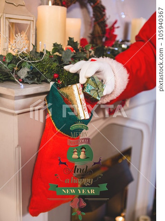 Composition of merry christmas text over santa claus with christmas presents Composition of merry christmas text over santa claus with christmas presents 105940367