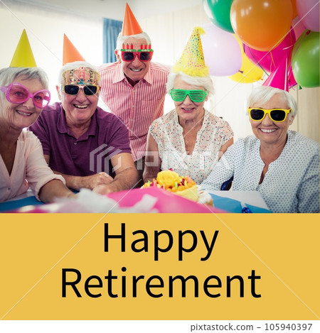Composition of happy retirement text over senior caucasian people in party hats 105940397