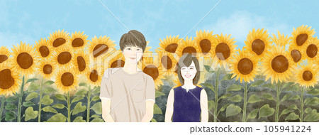 A couple posing with a smile in a sunflower field A couple posing with a smile in a sunflower field 105941224