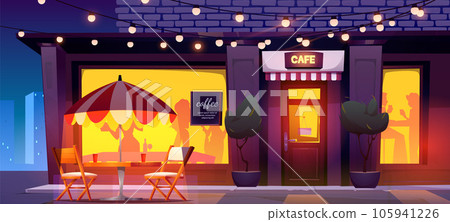 Night city street bar building with garland vector Night city street bar building with garland vector 105941226