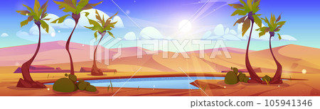 Desert oasis with lake and palm trees under sun 105941346