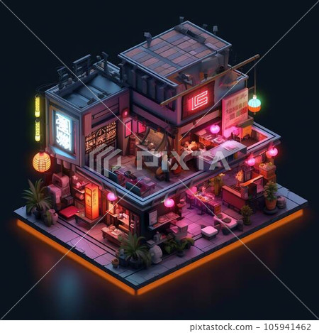 紅燈籠中餐廳亞洲懷舊3DCG插畫兩層店面AI生成圖像 105941462