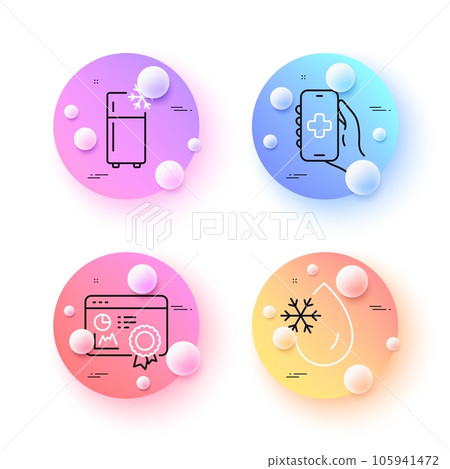 Seo certificate, Refrigerator and Freezing water minimal line icons. 3d spheres or balls buttons. Health app icons. For web, application, printing. Vector 105941472
