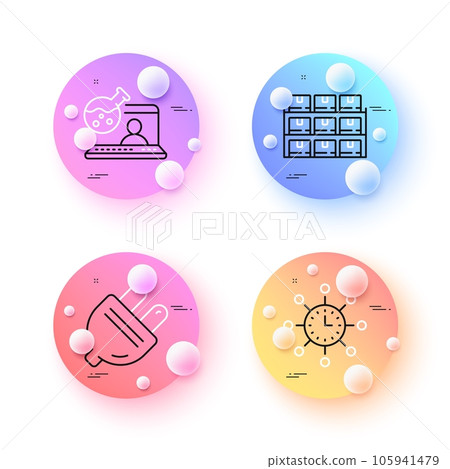 Boxes shelf, World time and Online chemistry minimal line icons. 3d spheres or balls buttons. Electric plug icons. For web, application, printing. Vector 105941479
