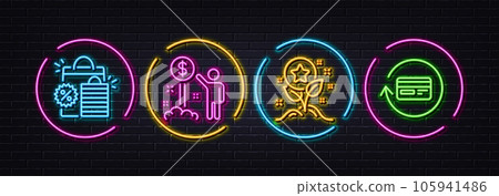 Shopping bags, Income money and Loyalty points minimal line icons. Neon laser 3d lights. Refund commission icons. For web, application, printing. Sale discount, Wealth, Bonus grows. Vector Shopping bags, Income money and Loyalty points minimal line icons. Neon laser 3d lights. Refund commission icons. For web, application, printing. Sale discount, Wealth, Bonus grows. Vector 105941486
