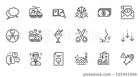 Outline set of Support consultant, Use gloves and Scuba diving line icons for web application. Talk, information, delivery truck outline icon. Include Love letter, Thumb down, Scissors icons. Vector 105941499