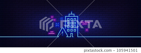 Neon light glow effect. Building construction warning line icon. Attention triangle sign. Caution house symbol. 3d line neon glow icon. Brick wall banner. Building warning outline. Vector Neon light glow effect. Building construction warning line icon. Attention triangle sign. Caution house symbol. 3d line neon glow icon. Brick wall banner. Building warning outline. Vector 105941501