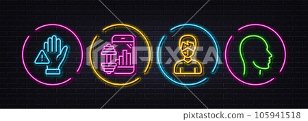 Medical mask, Fitness app and Dont touch minimal line icons. Neon laser 3d lights. Head icons. For web, application, printing. Respirator, Training program, Clean hand. Human profile. Vector 105941518