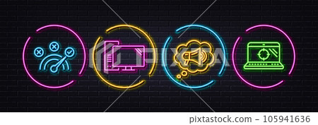 Megaphone, Correct answer and Computer minimal line icons. Neon laser 3d lights. Seo laptop icons. For web, application, printing. Brand message, Speed symbol, Pc component. Search engine. Vector Megaphone, Correct answer and Computer minimal line icons. Neon laser 3d lights. Seo laptop icons. For web, application, printing. Brand message, Speed symbol, Pc component. Search engine. Vector 105941636