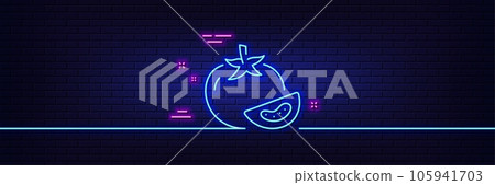 Neon light glow effect. Tomato line icon. Vegetable food sign. Diet nutrition symbol. 3d line neon glow icon. Brick wall banner. Tomato outline. Vector Neon light glow effect. Tomato line icon. Vegetable food sign. Diet nutrition symbol. 3d line neon glow icon. Brick wall banner. Tomato outline. Vector 105941703