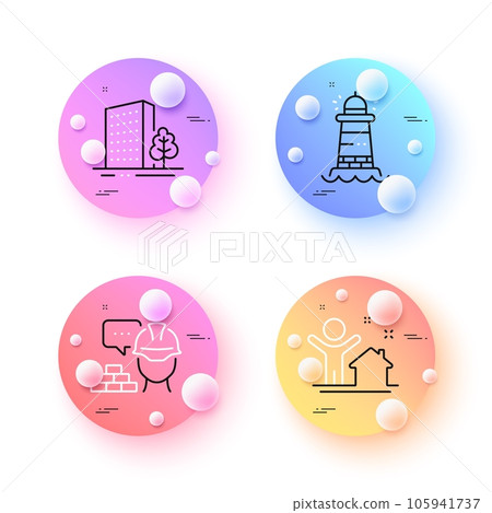 New house, Lighthouse and Build minimal line icons. 3d spheres or balls buttons. Buildings icons. For web, application, printing. Buying home, Searchlight tower, Construction service. Vector New house, Lighthouse and Build minimal line icons. 3d spheres or balls buttons. Buildings icons. For web, application, printing. Buying home, Searchlight tower, Construction service. Vector 105941737