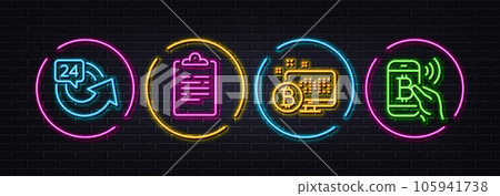 Bitcoin system, Clipboard and 24 hours minimal line icons. Neon laser 3d lights. Bitcoin pay icons. For web, application, printing. Cryptocurrency monitor, Survey document, Repeat. Vector Bitcoin system, Clipboard and 24 hours minimal line icons. Neon laser 3d lights. Bitcoin pay icons. For web, application, printing. Cryptocurrency monitor, Survey document, Repeat. Vector 105941738