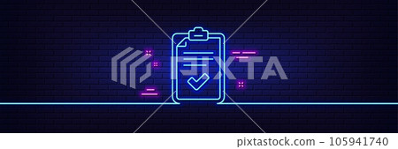 Neon light glow effect. Checklist line icon. Survey report sign. Business review symbol. 3d line neon glow icon. Brick wall banner. Checklist outline. Vector 105941740