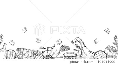Ink hand drawn vector sketch. Seamless border. Scotland symbol objects. Tartan menswear, bagpipes, thistle flower, whisky barrel, Nessie. Design for tourism, travel, brochure, wedding, guide, print. 105941900