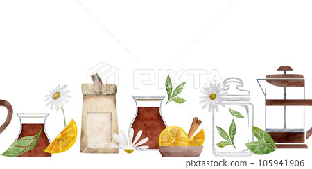 Watercolor hand drawn illustration. Tea pot cups paper bag lemon cinnamon green leaf. Seamless banner. Isolated on white background. For invitations, cafe, restaurant food menu, print, website, cards 105941906