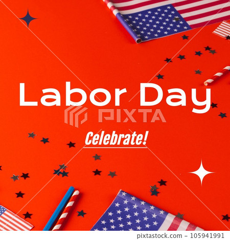 Labor day, celebrate text in white with flags of america and black stars on red 105941991