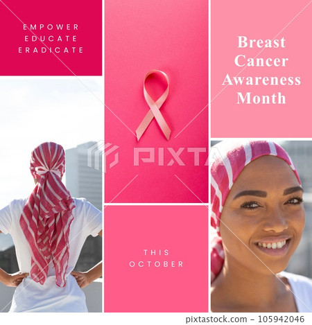 Breast cancer awareness month text with ribbon and smiling biracial woman in pink headscarf Breast cancer awareness month text with ribbon and smiling biracial woman in pink headscarf 105942046