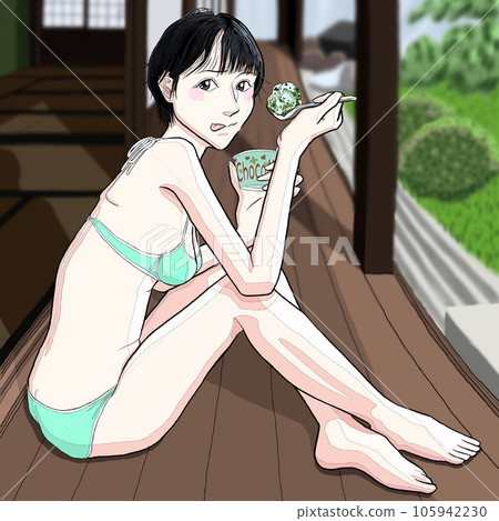 Girl sitting on the floor and eating ice cream 01 porch/swimsuit Girl sitting on the floor and eating ice cream 01 porch/swimsuit 105942230