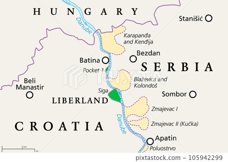 Liberland, political map. Free Republic of Liberland, unrecognized micronation in Europe, claiming Siga, an uninhabited parcel of disputed land on western bank of Danube, between Croatia and Serbia. 105942299