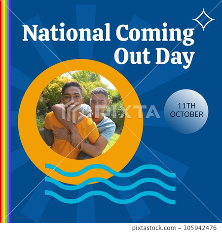 Composite of 11th october national coming out day text, biracial man piggybacking boyfriend in park 105942476