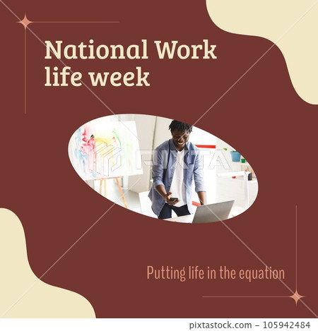 National work life week text with happy african american male painter using laptop and phone 105942484